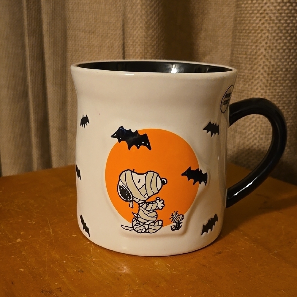 Peanuts & Rae Dunn Halloween Snoopy Mug with Orange and Black Design NWOT